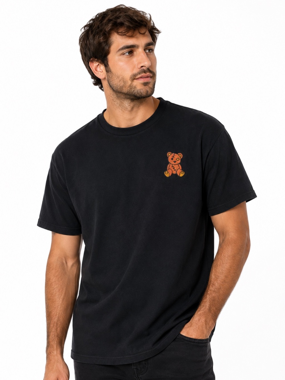 riot society Black Tee with embroidered brown Teddy Patch . XL